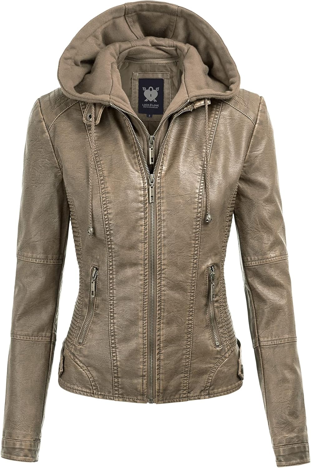 Stylish Faux Leather Moto Biker Jacket with Removable Hood