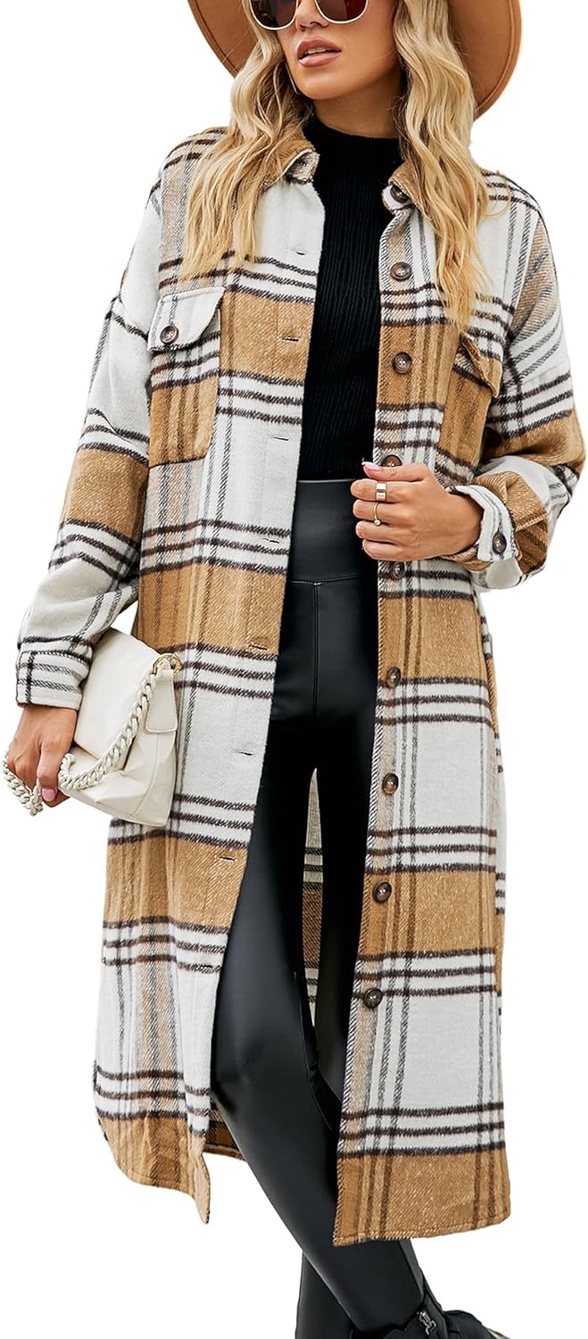 Himosyber Women's Casual Plaid Woolen Button Up Shacket Coat