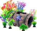CousDUoBe Broken Barrel Fish Tank Decor with 8 Plants - Natural