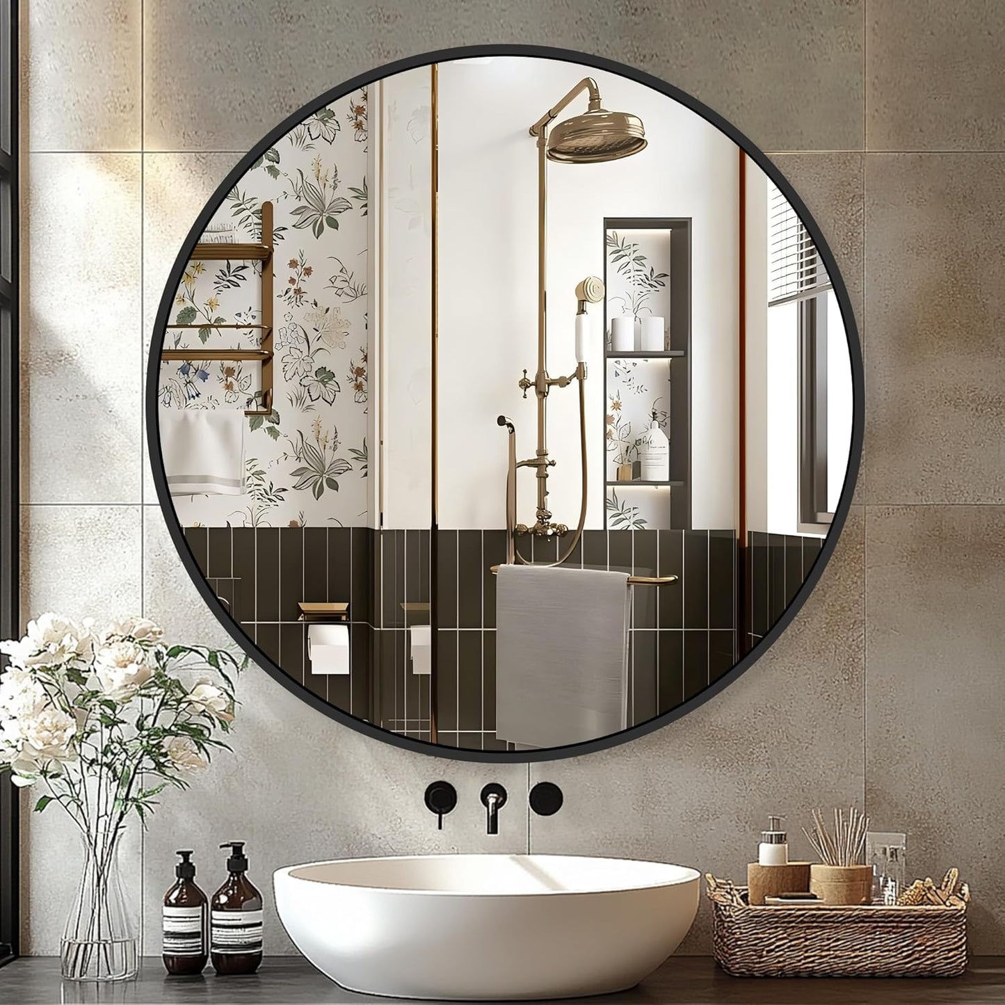 26ft' Round Black Frame Mirror for Bathroom and Entryway Decor
