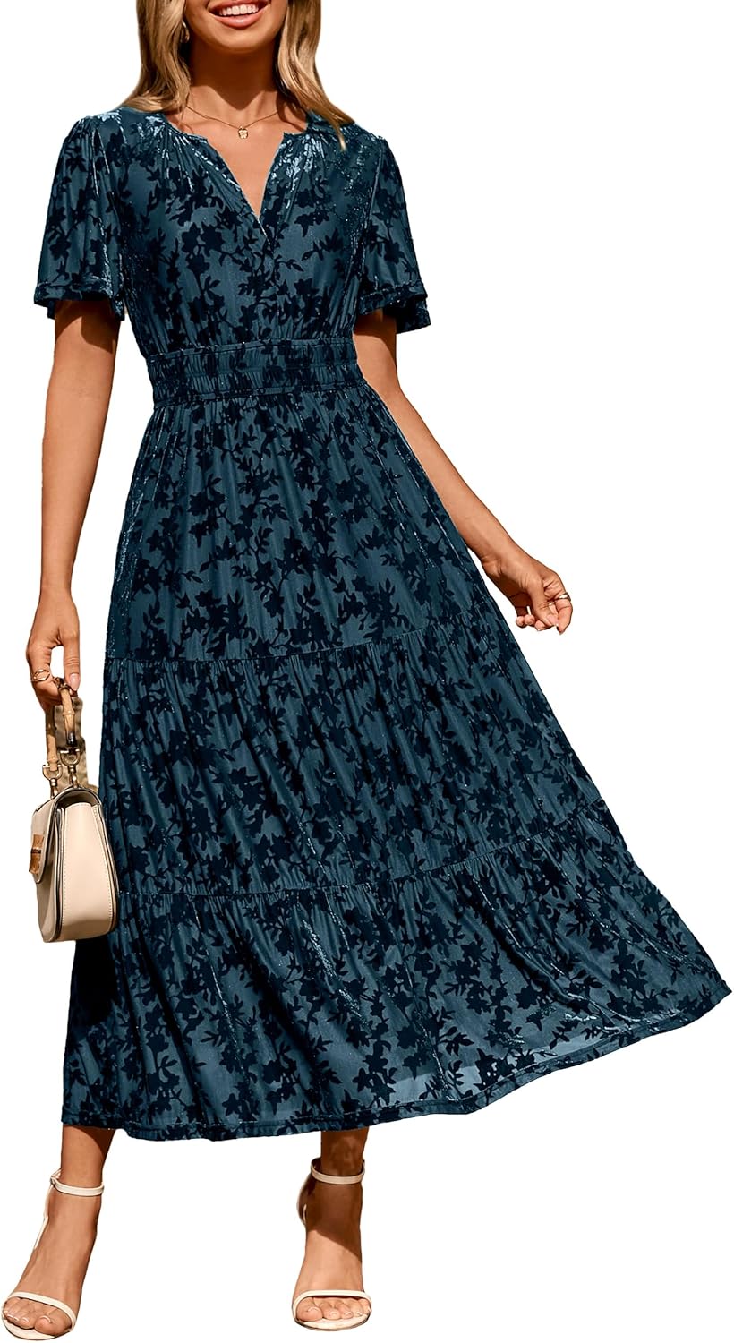 Elegant Velvet V Neck Maxi Dress for Wedding Guests and Parties