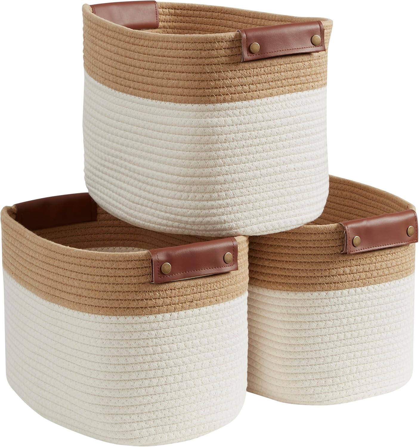 3 Pack Cotton Rope Storage Basket with Faux Leather Handles