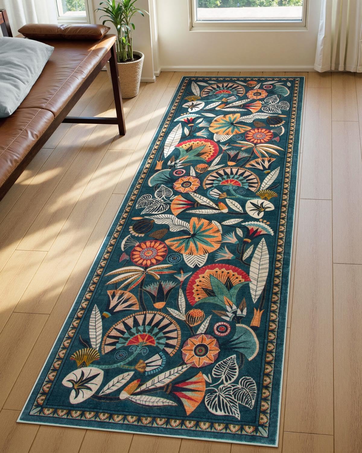 Boho Washable Green Bathroom Kitchen Runner Rug for Entryway