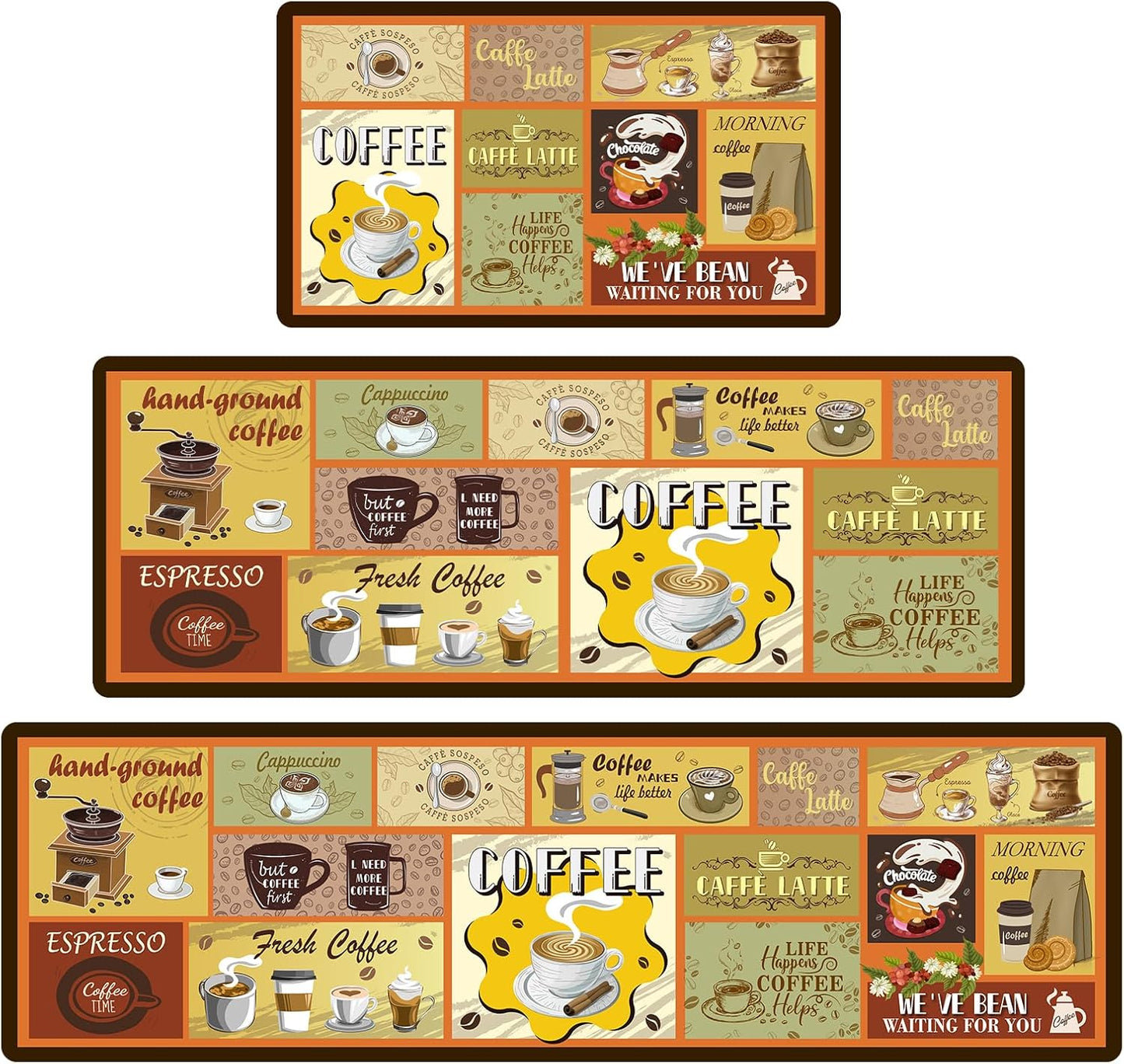 XLHOMO Coffee Kitchen Mats for Floor - 3 Piece Set