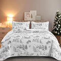 Green Toile Christmas Quilt Set Queen Size 3-Piece - Festive