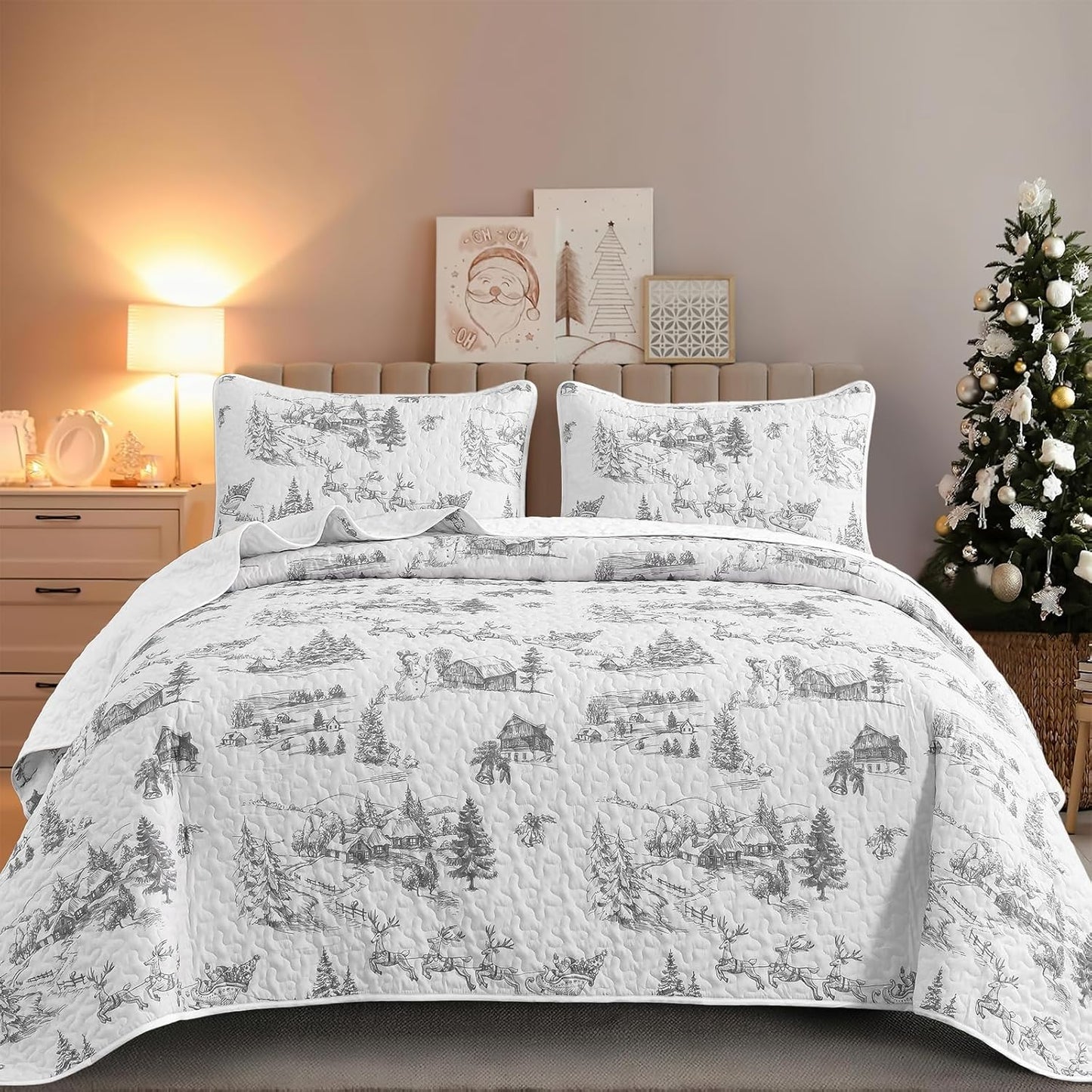 Yiran Grey Christmas Quilt Set Queen Size for All Seasons
