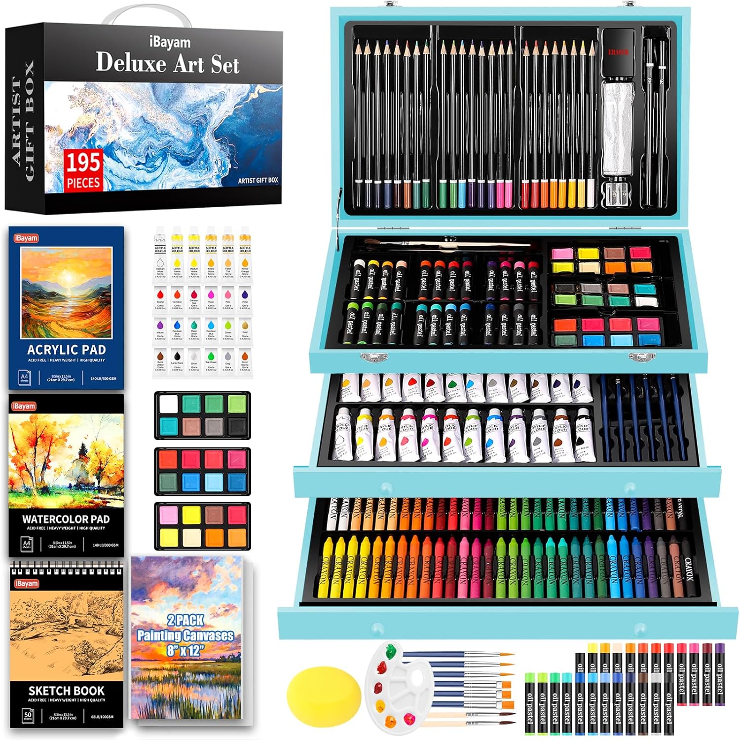 195-Piece iBayam Art Set with 24 Acrylic Paints