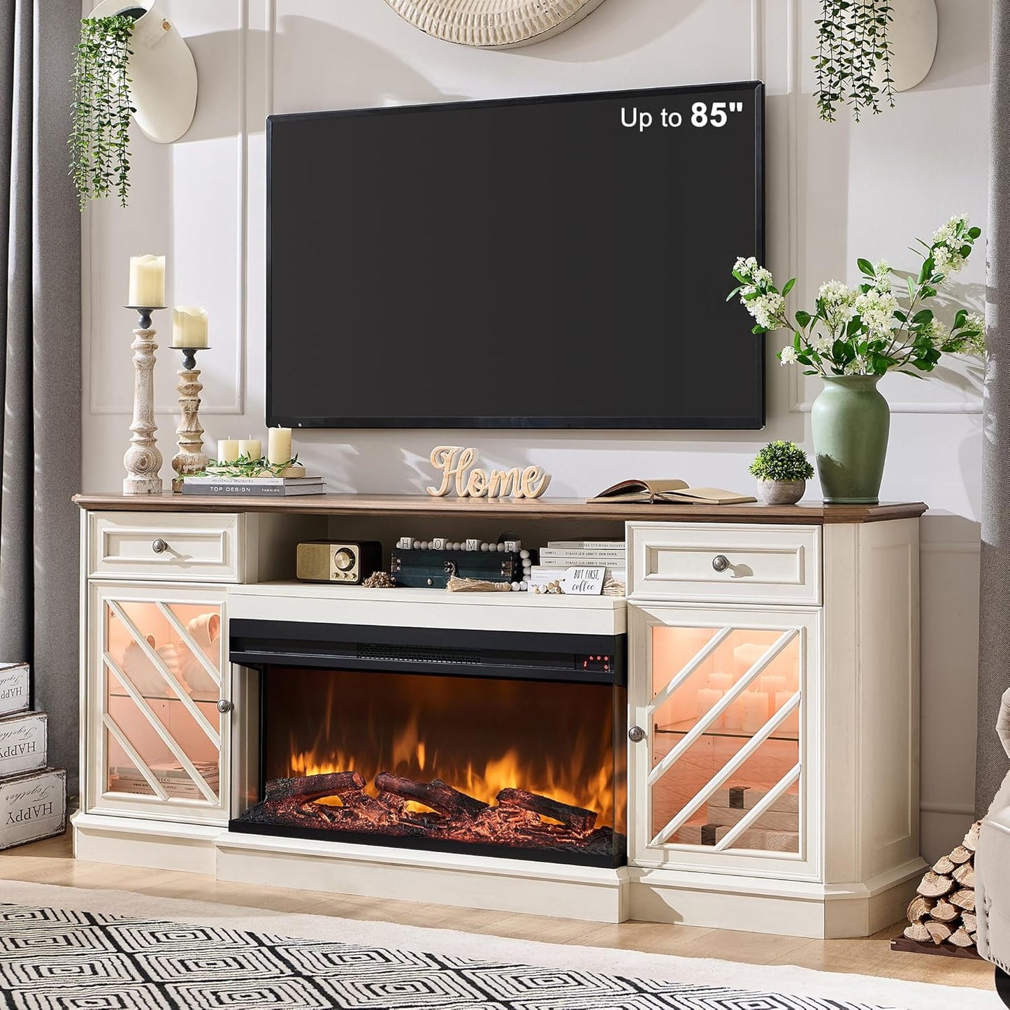 OKD 75'' 3-Sided Electric Fireplace TV Stand - Antique White