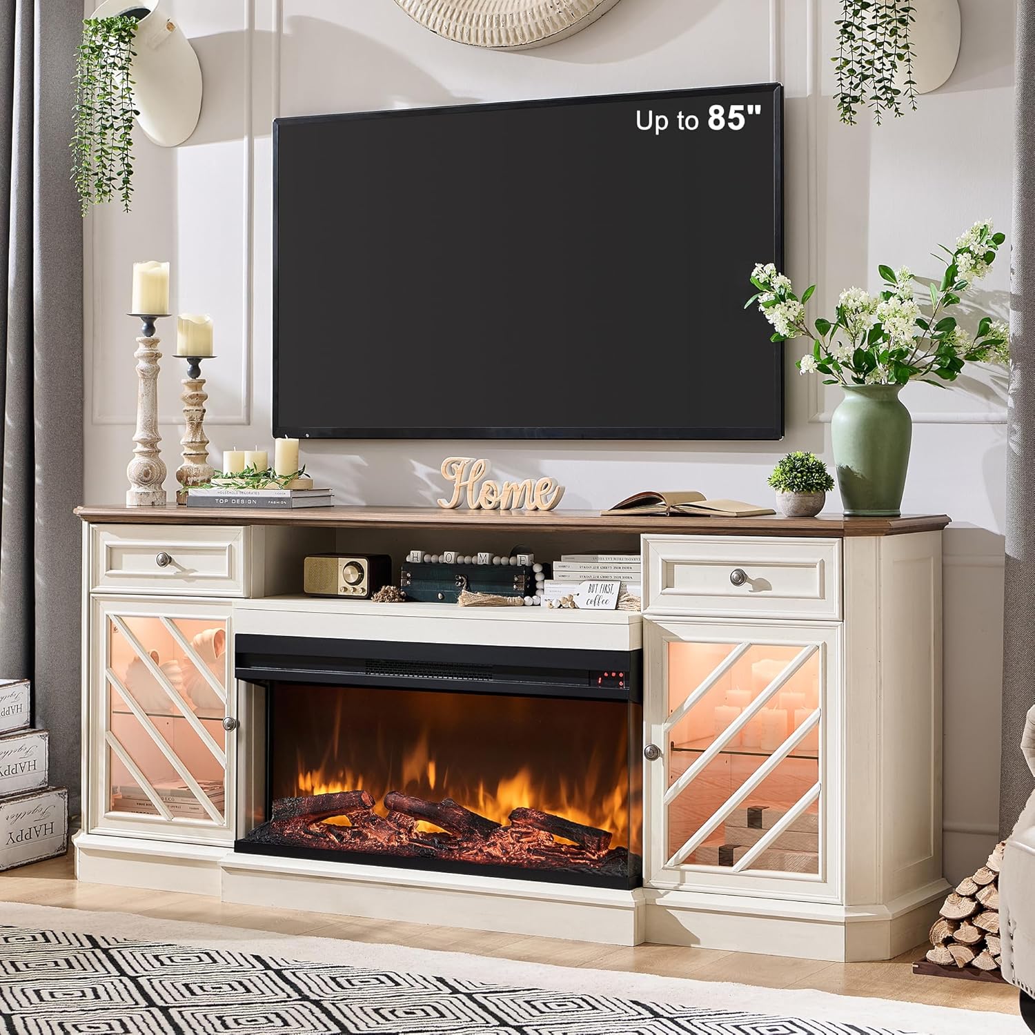 OKD 75'' 3-Sided Electric Fireplace TV Stand - Antique White