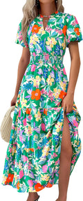 Summer Maxi Dresses for Women 2025 V Neck Puff Sleeve Smocked Maxi