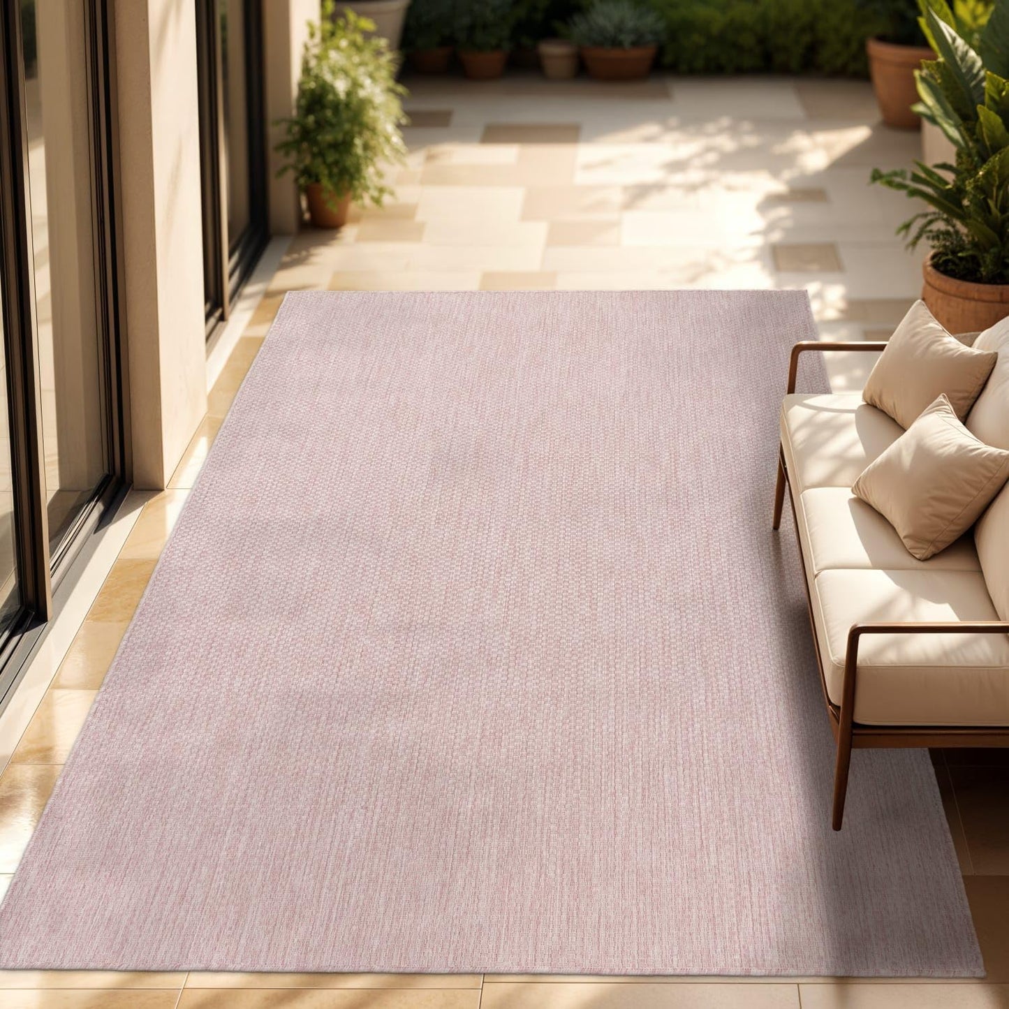 Flatweave Outdoor Rug for Patio or Balcony in Mottled Pink
