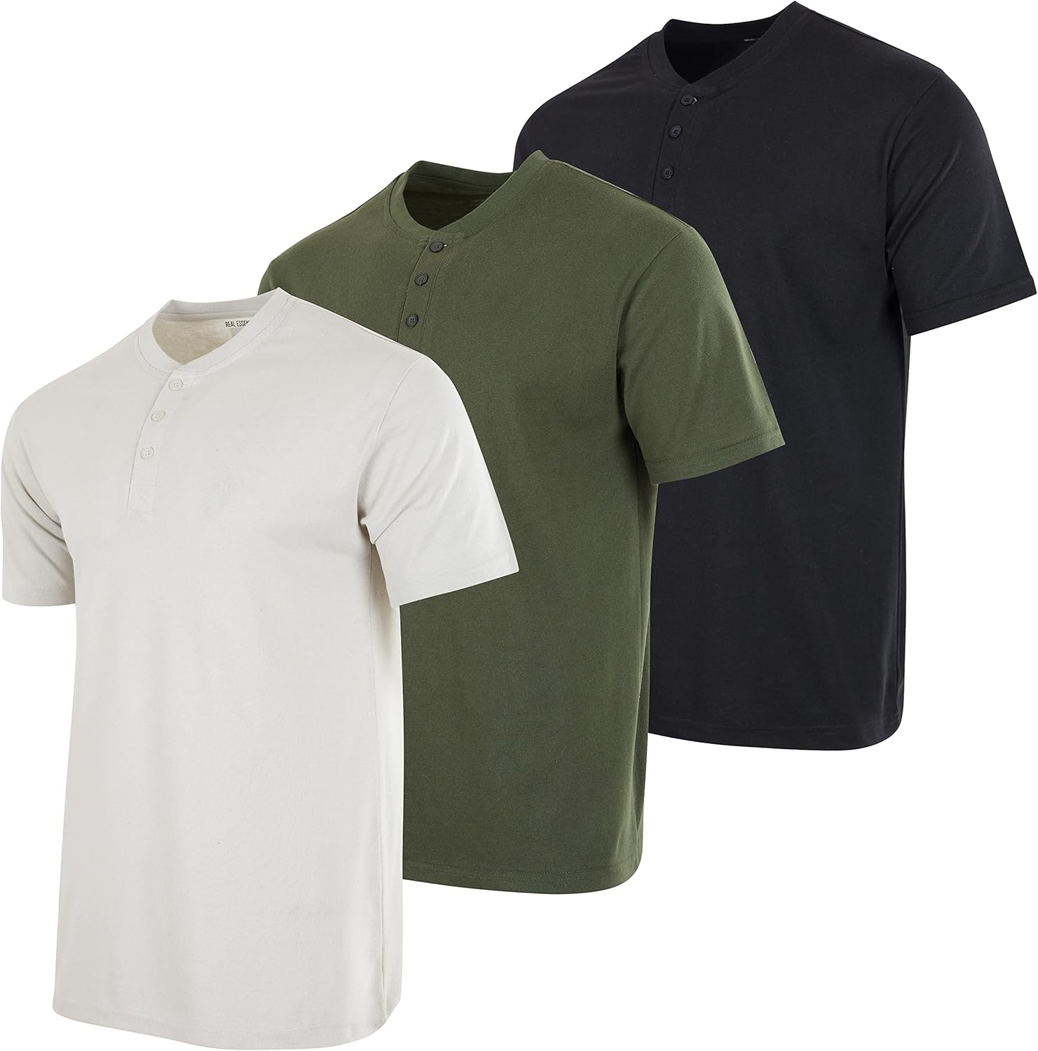 Real Essentials 3 Pack Men's Cotton Henley T-Shirts for Comfort