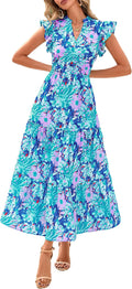 Women's Floral Midi Dress V Neck Cap Sleeve - Flowy Boho