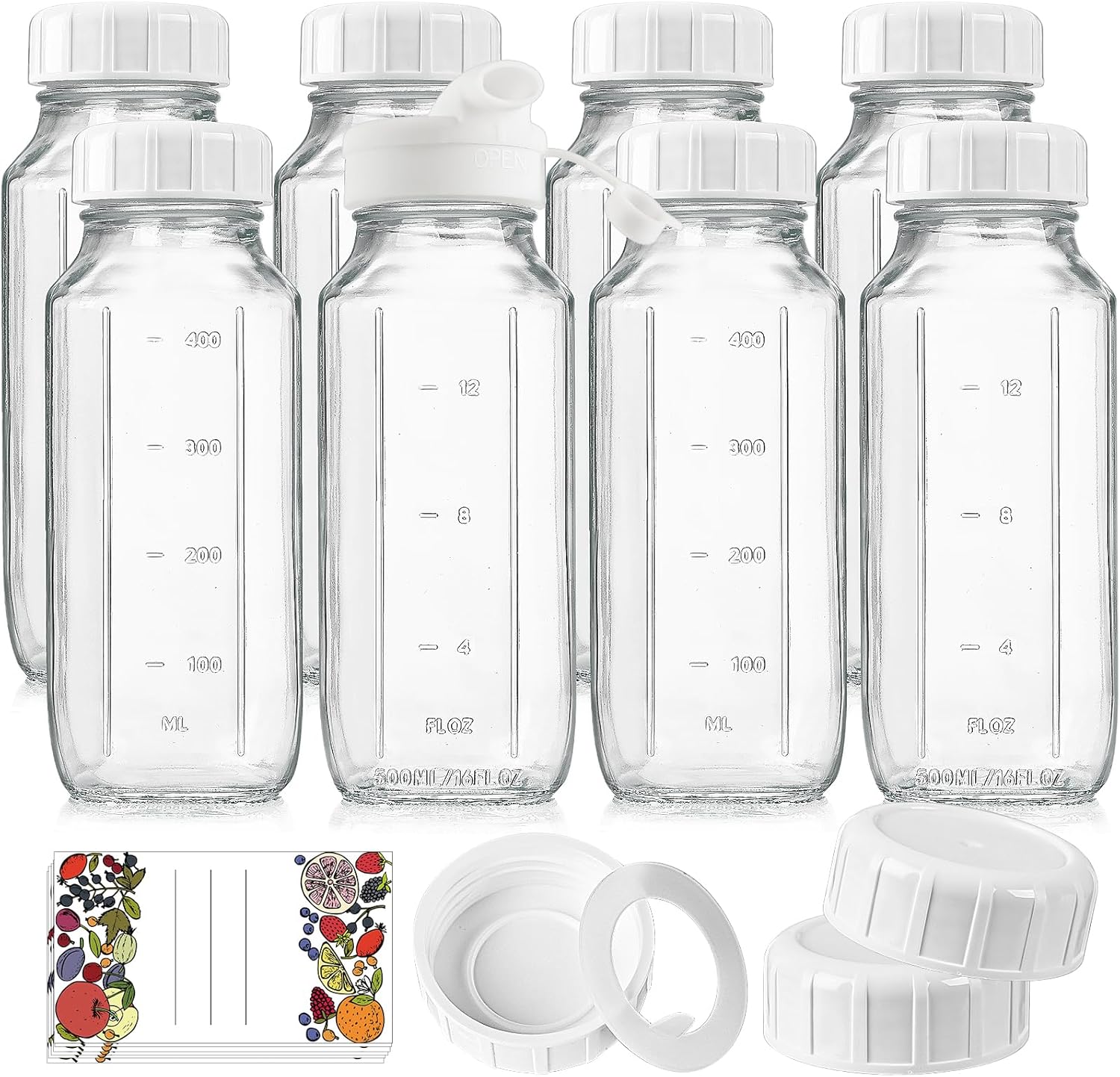 8 Pack 16 Oz Reusable Glass Milk Bottles for All Beverages