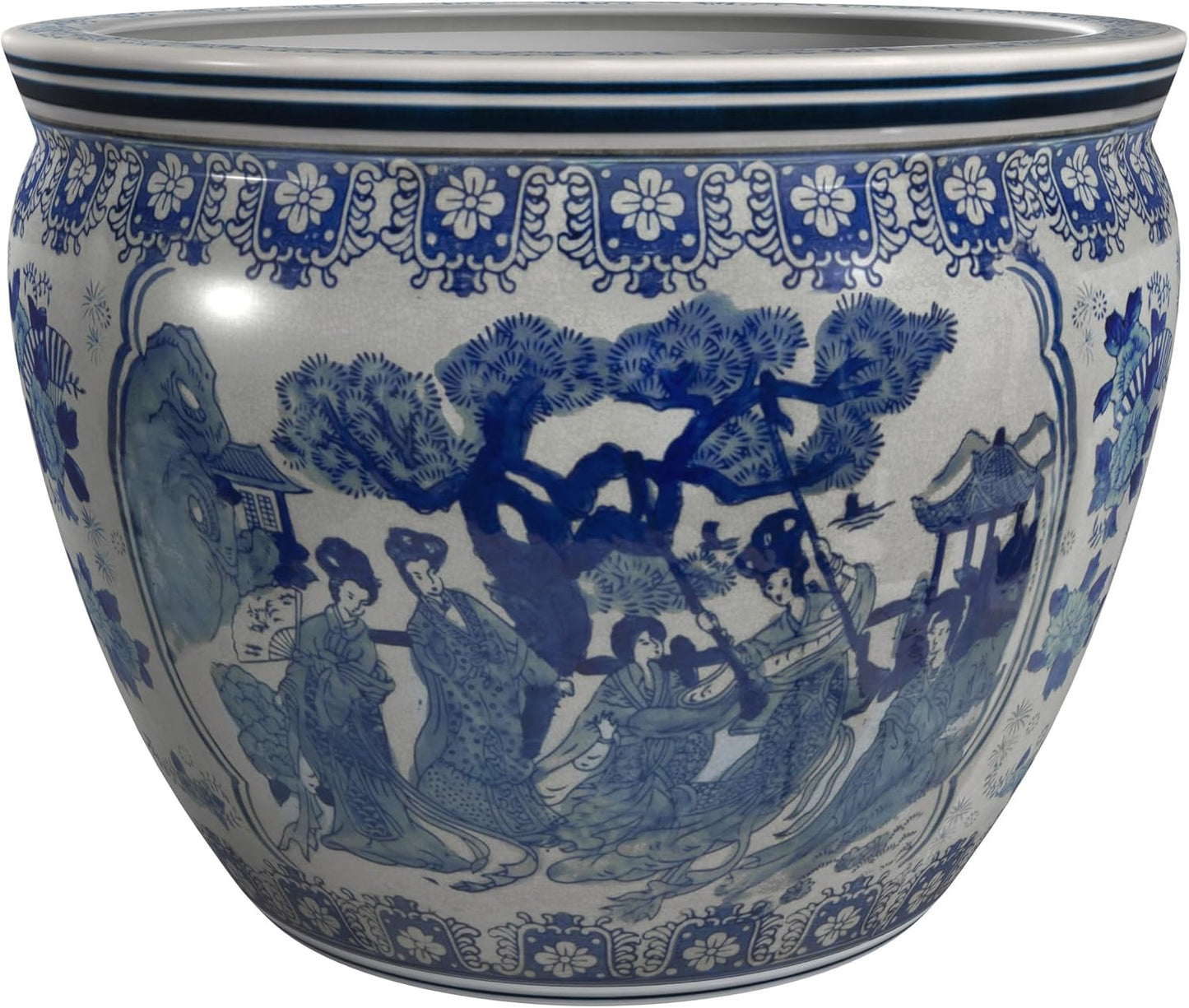 Red Lantern 12in Blue & White Porcelain Fishbowl Planter for Decor