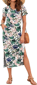 Women Summer Midi Dress Casual Loose V Neck Split Maxi with Pockets