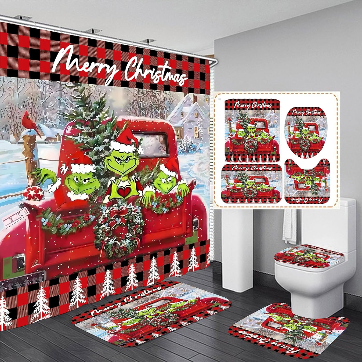 Xmas Bathroom Set w/ Non-Slip Rugs - Festive 4Pcs