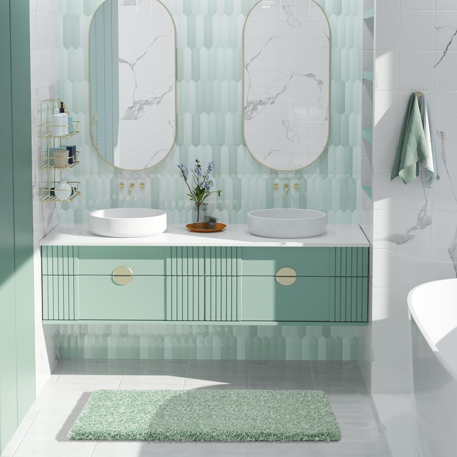 Yimobra Light Green and White Non Slip Bathroom Rugs 44x24