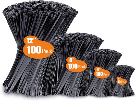 400 Pack Black Zip Ties by ANOSON - UV Resistant Assorted Sizes