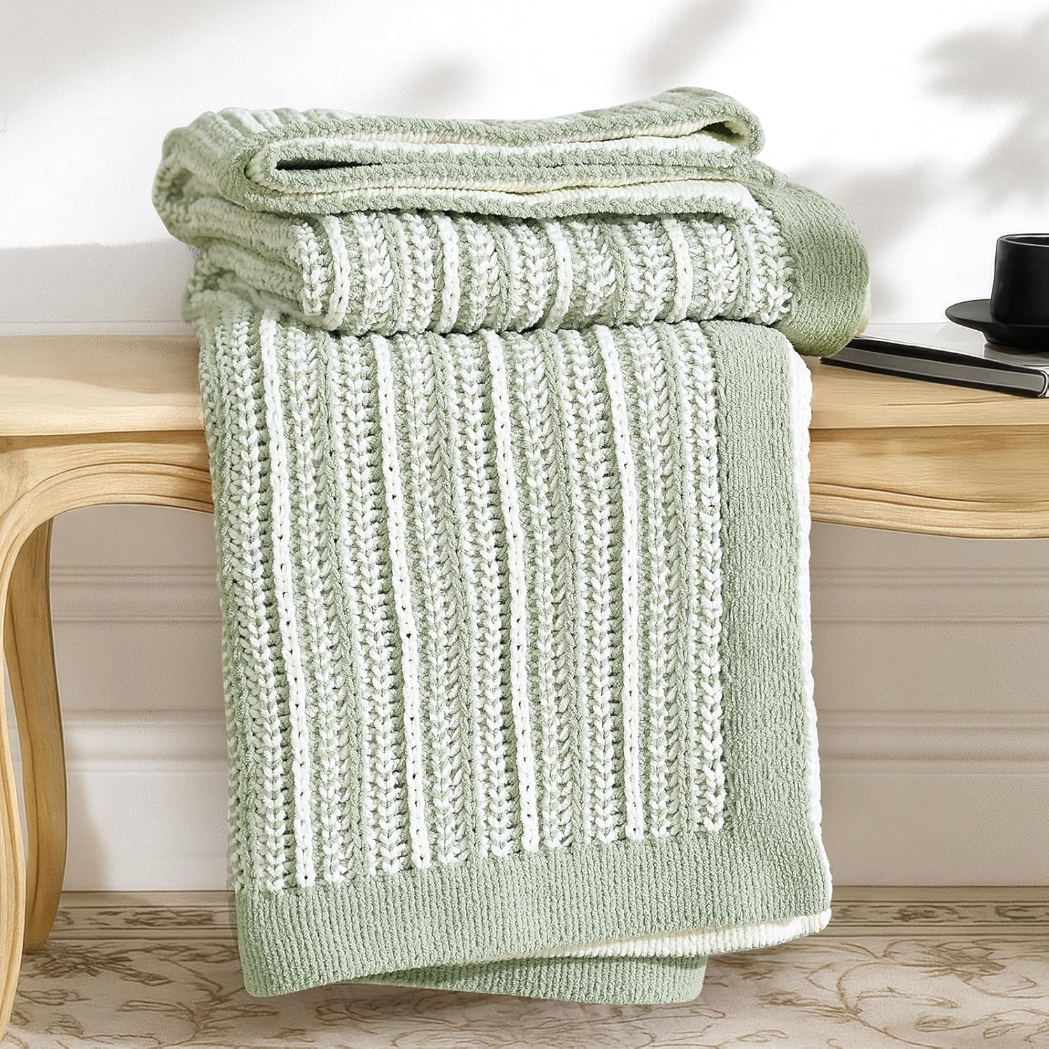 Striped Knit Throw Blanket for Couch - Soft Chenille Comfort