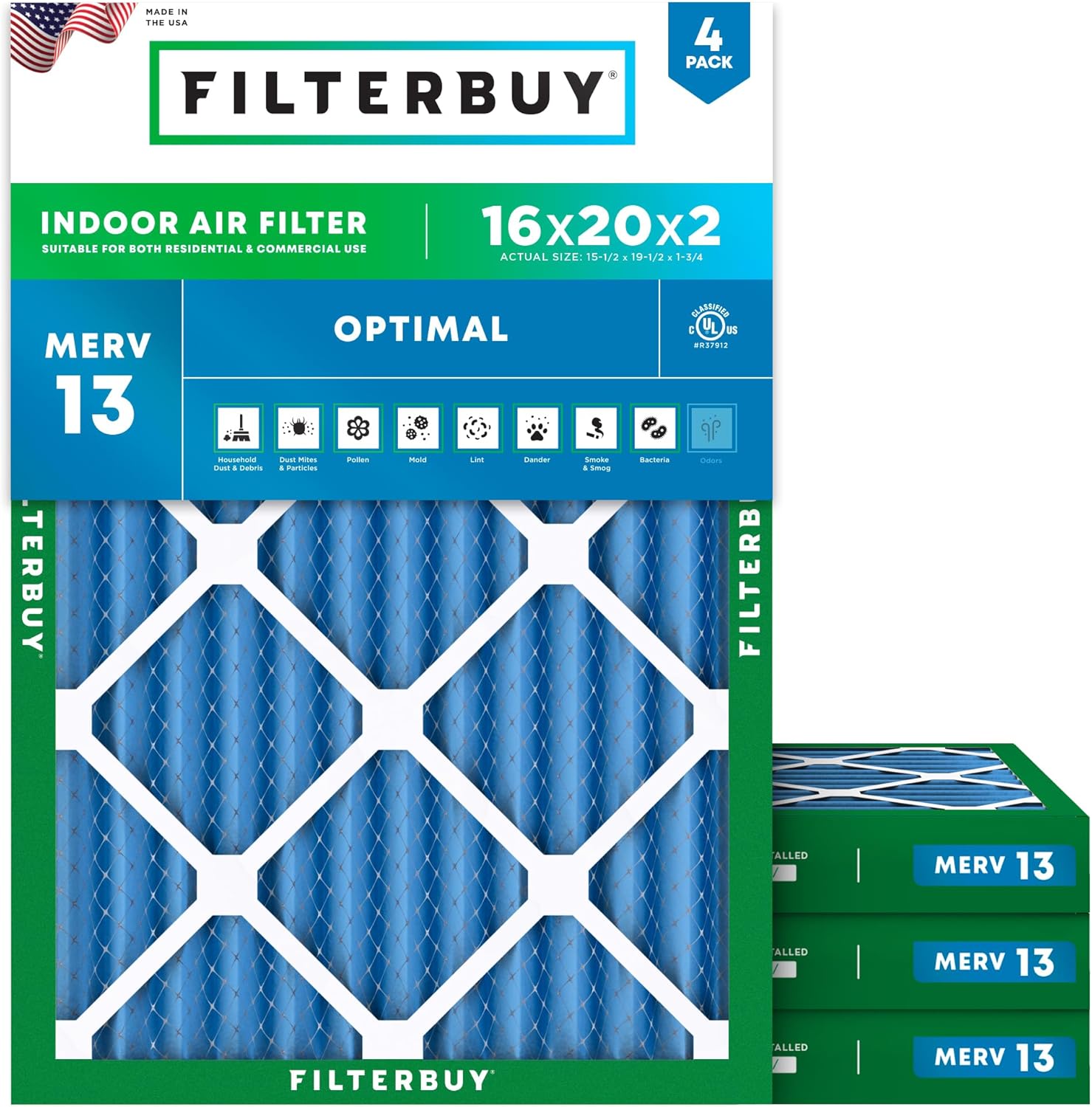 Filterbuy 16x20x2 Air Filter MERV 13 for Smoke & Allergy Defense