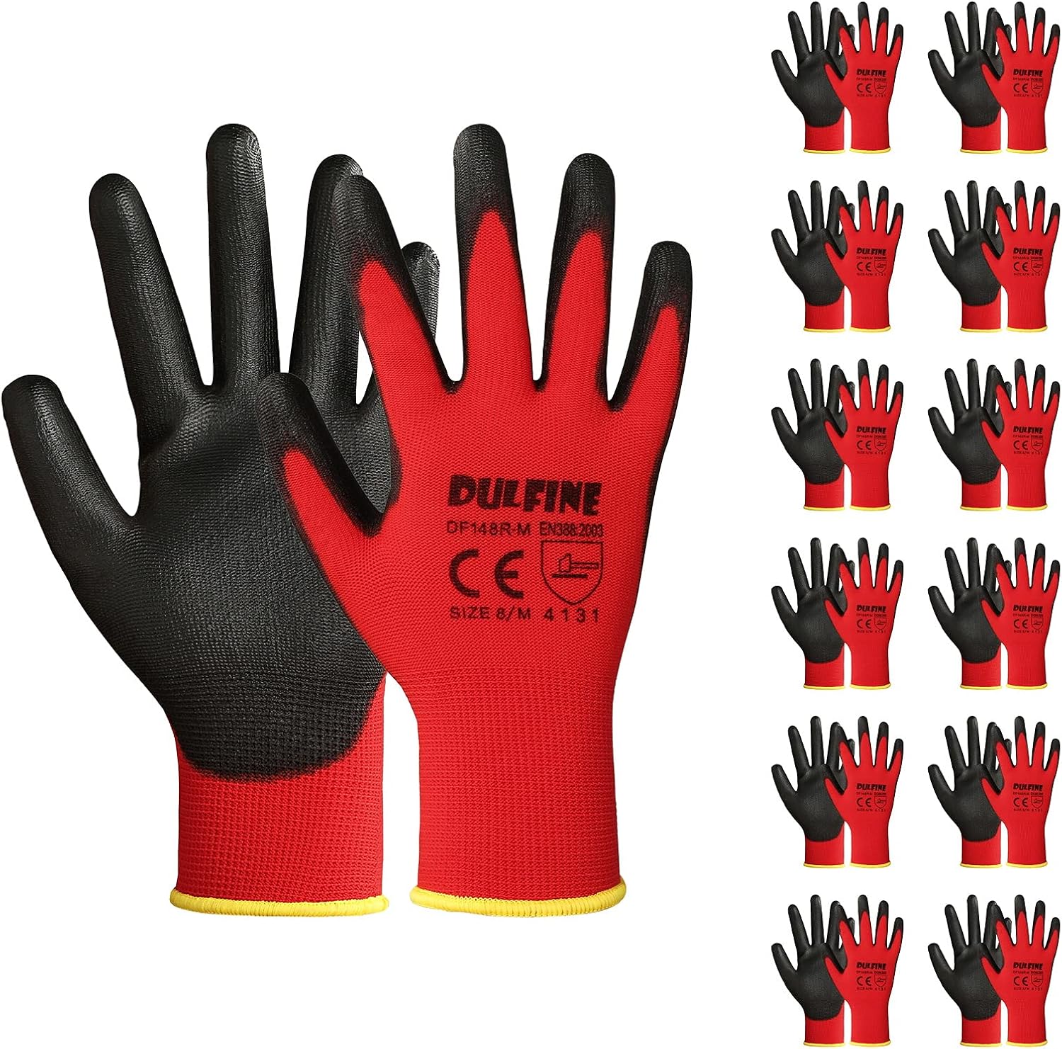 DULFINE PU Coated Safety Work Gloves - 12 Pairs, Red, Smooth Grip, General Duty, Men/Women
