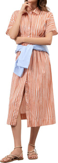 Women's Striped Button Front Pleated Maxi Shirt Dress - Corset Waist