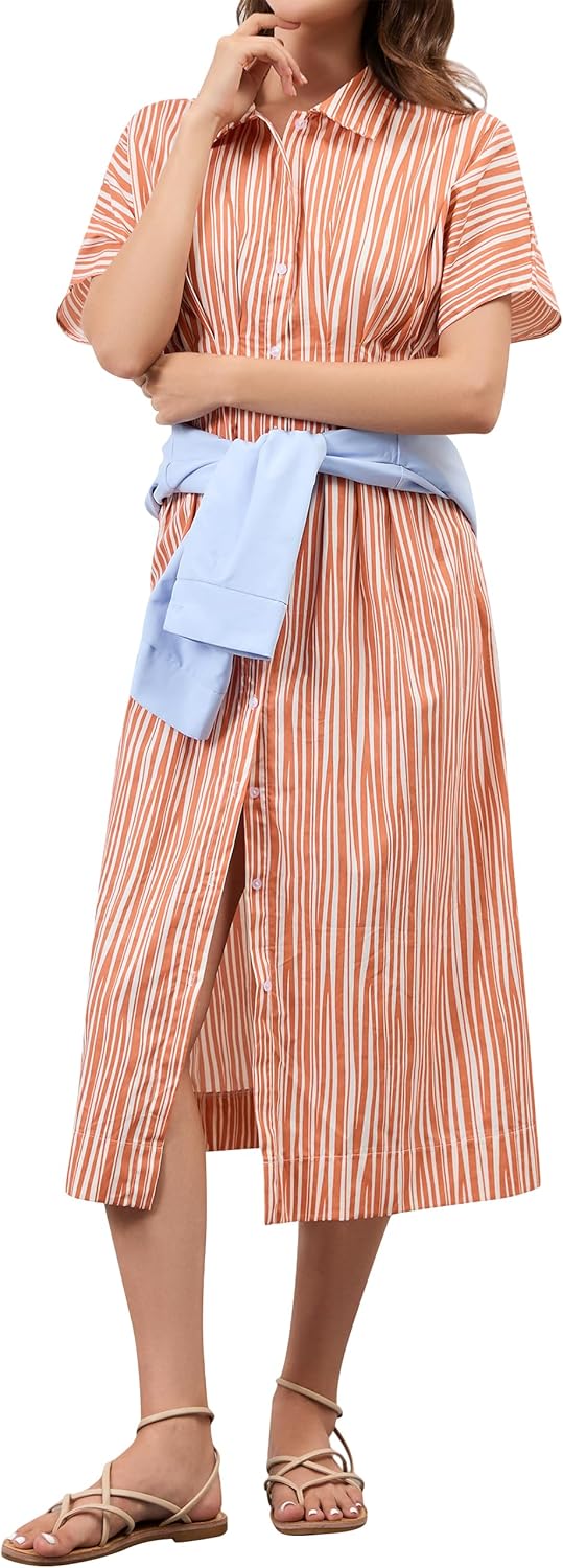 Women's Striped Button Front Pleated Maxi Shirt Dress for Summer