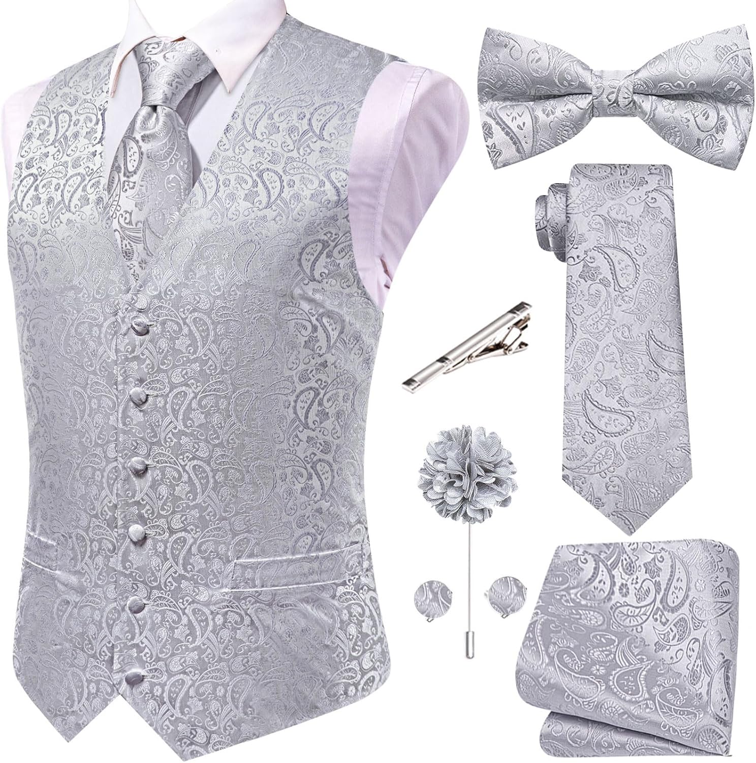 Hi-Tie Men's Silk Vest Bowtie Set for Formal Occasions