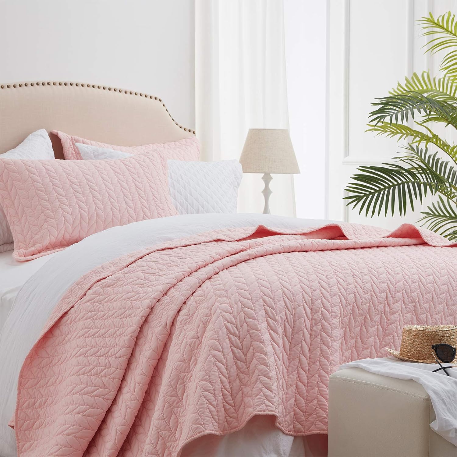 Pink Quilt Twin Size Bedding Set with Leaf Embroidery Design