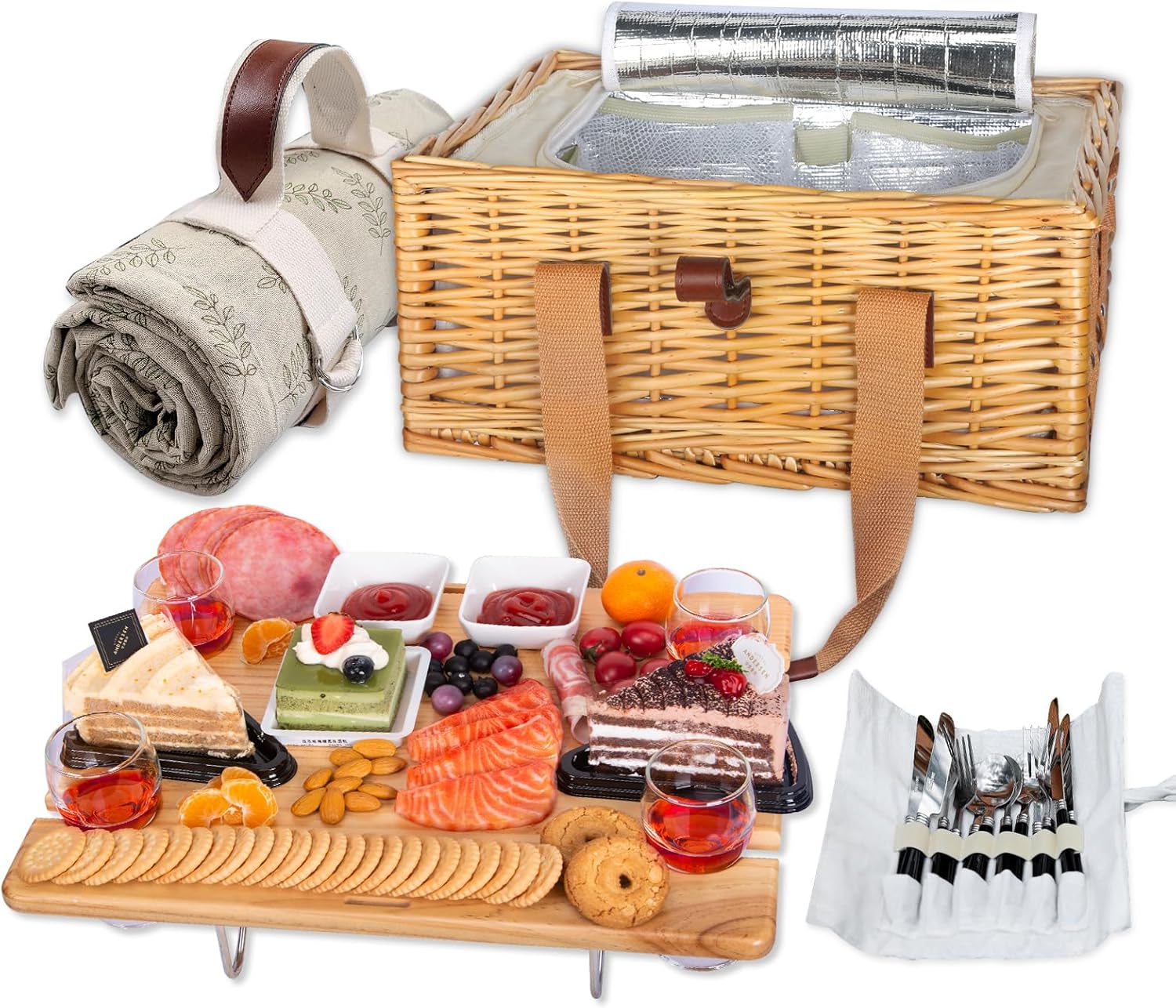 Hap Tim Wicker Picnic Basket Set for 4 with Wine Table & Cooler