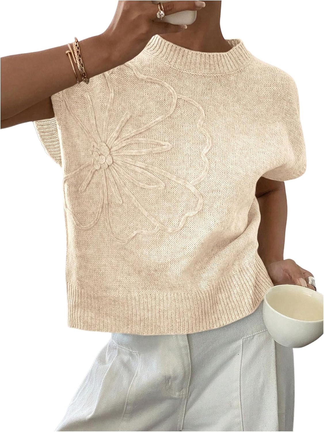 SOLY HUX Women's Ribbed Sweater Crew Neck Short Sleeve Top