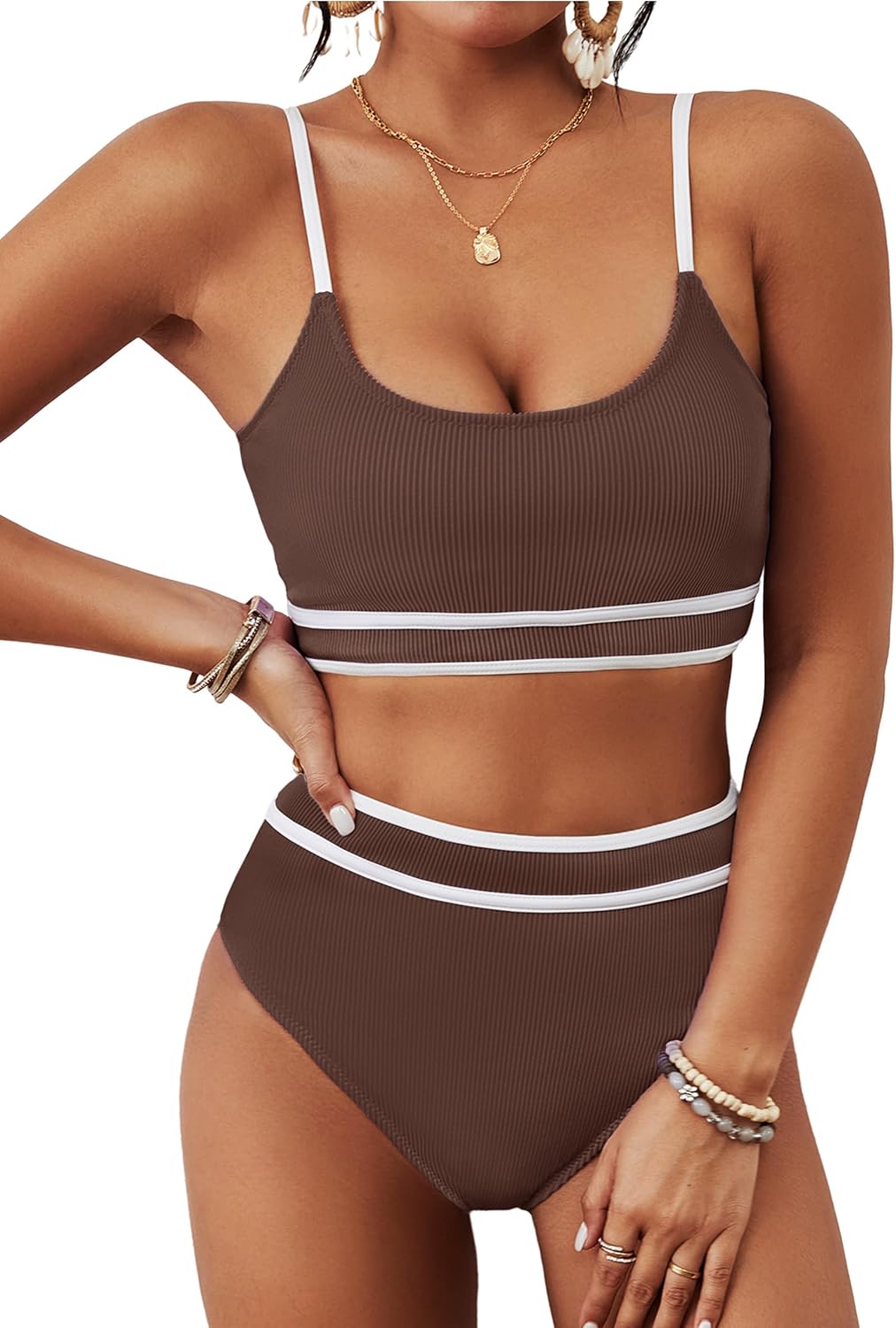 BMJL Women's High Waisted Bikini Ribbed Two Piece Swimsuit