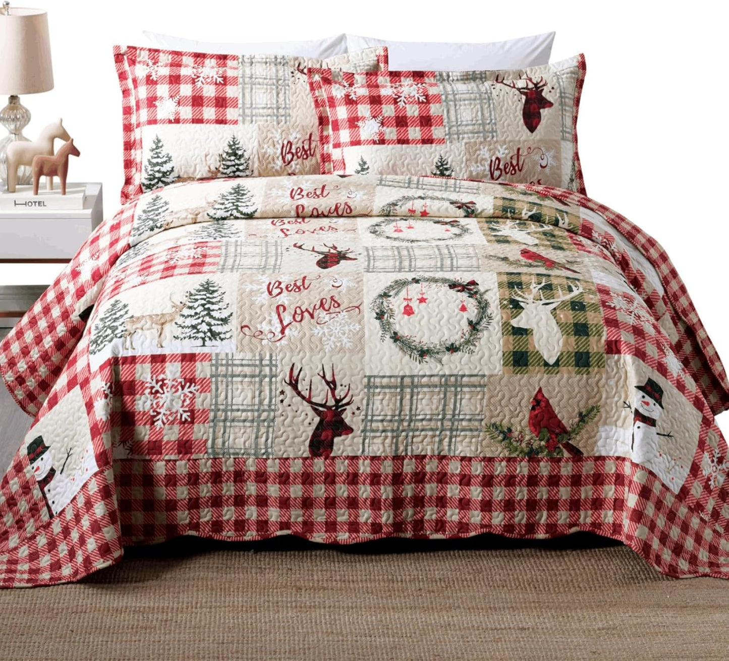 MarCielo 3 Piece Christmas Quilt Set for Rustic Lodge Decor