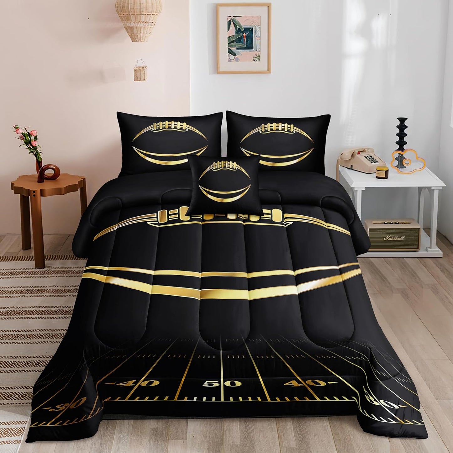 Football Comforter Sets for Boys - 6 PCS Bedding Set in Black and Gold