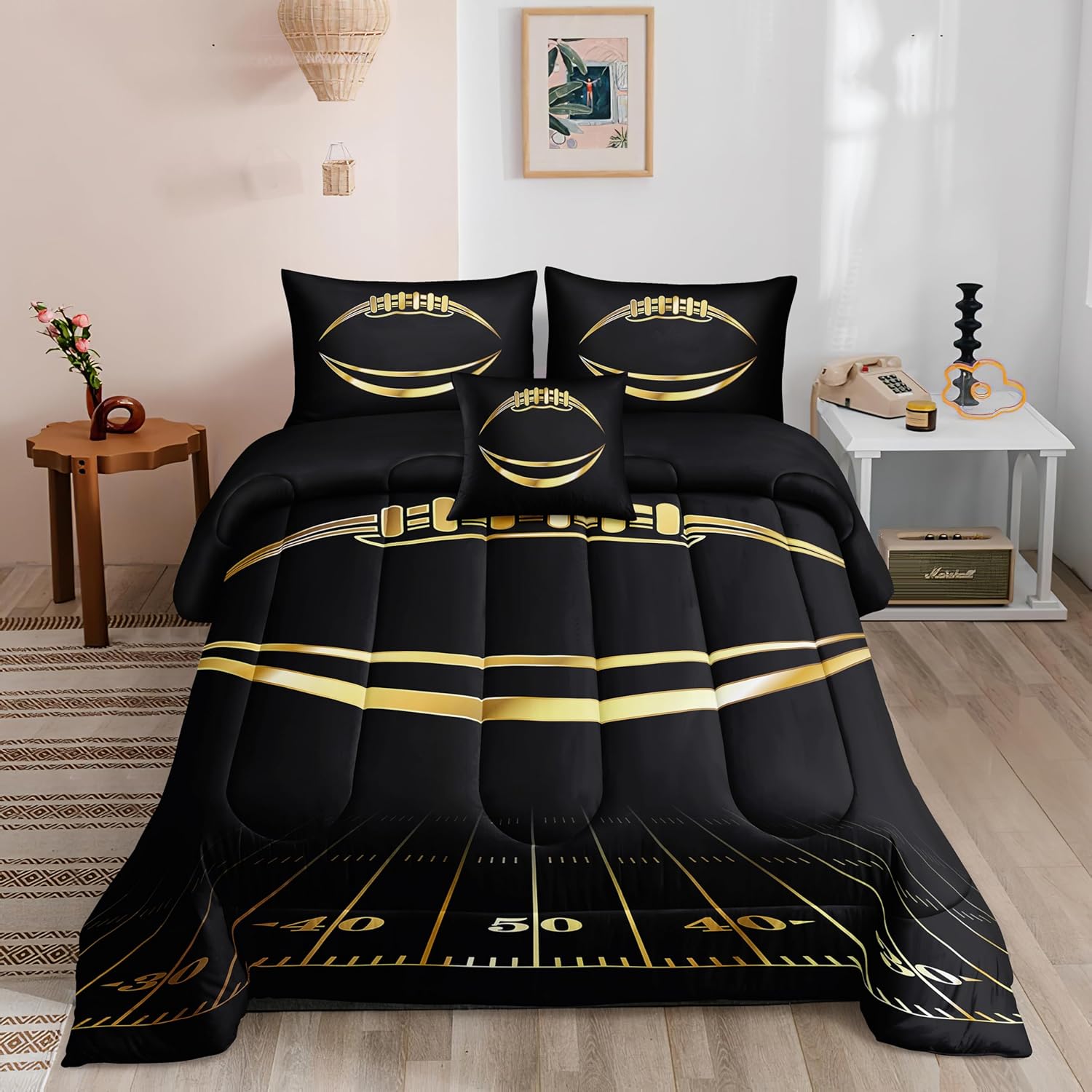 Football Comforter Sets for Boys - 6 PCS Bedding Set in Black and Gold