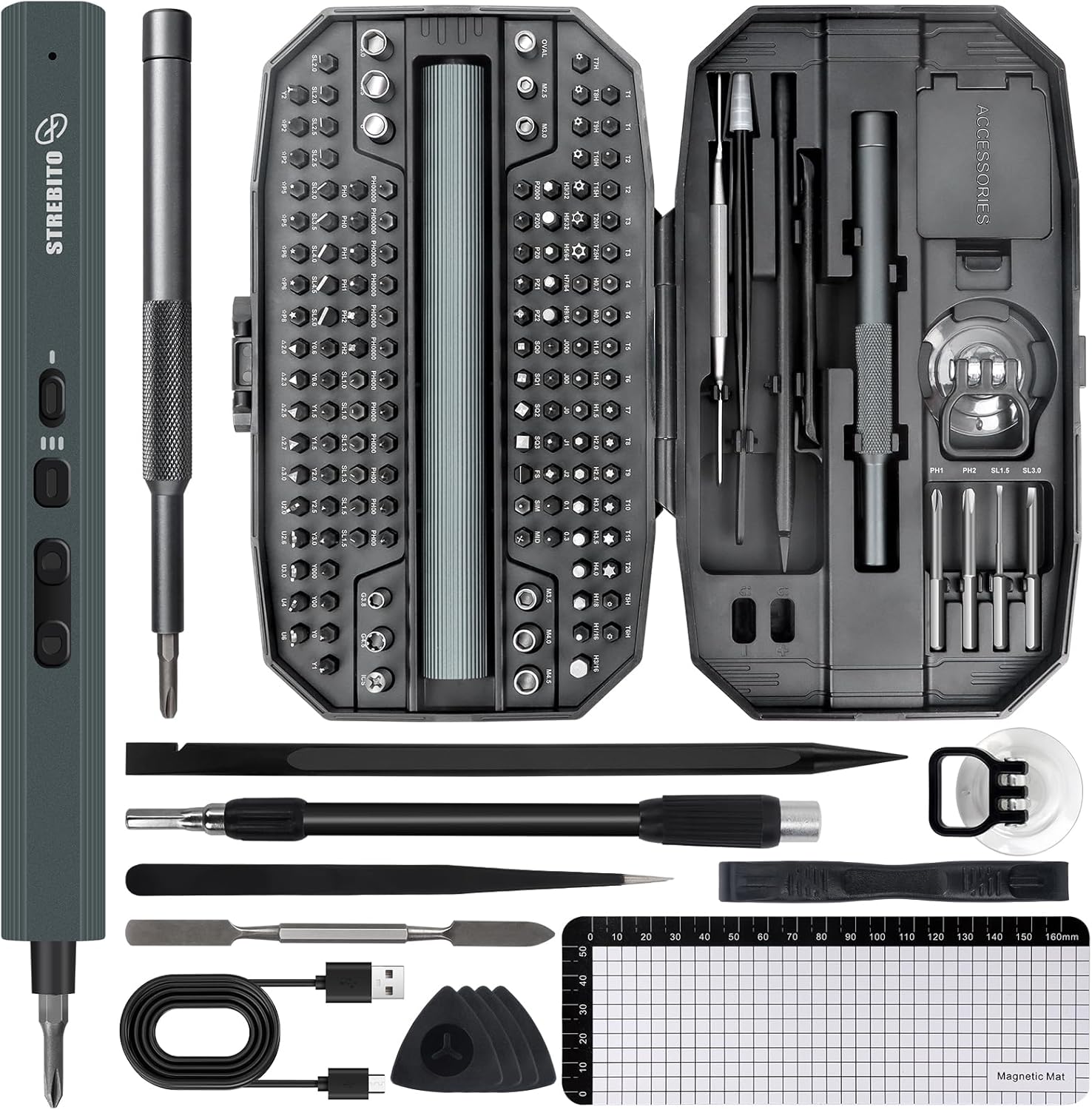 STREBITO Electric Screwdriver Set with 140 Magnetic Bits