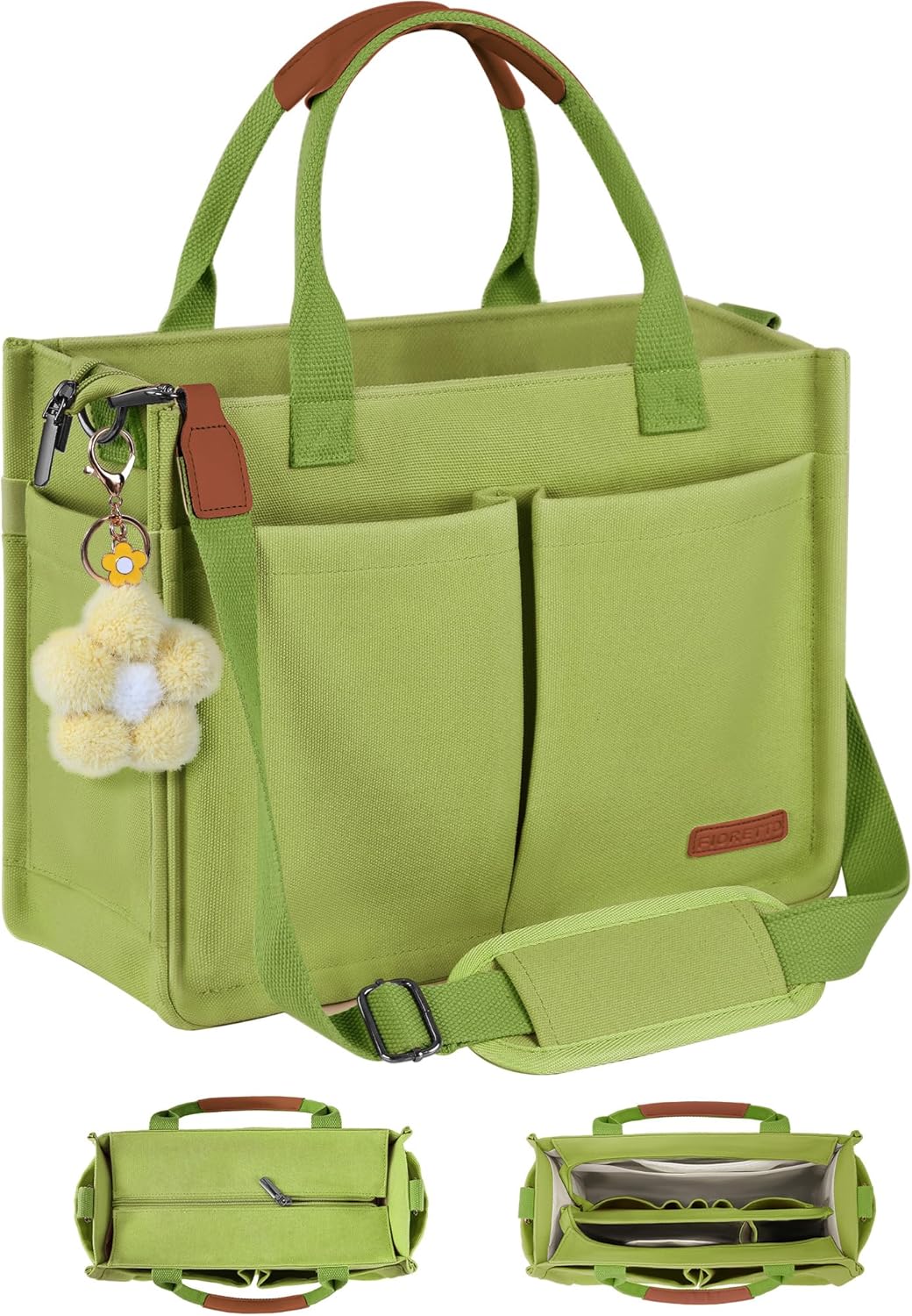 FIORETTO Womens Canvas Tote Bag with Zipper Top & Compartments