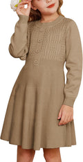 Girl Long Sleeve Knit Sweater Dress with Ruffle Buttons - Soft Acrylic