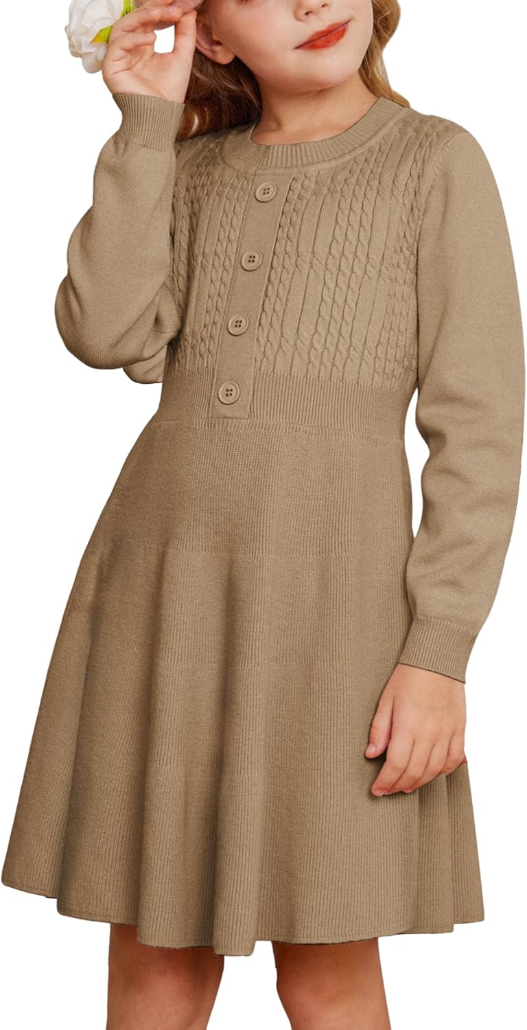 GRACE KARIN Girl Dress Long Sleeve Sweater Ruffle Button Front