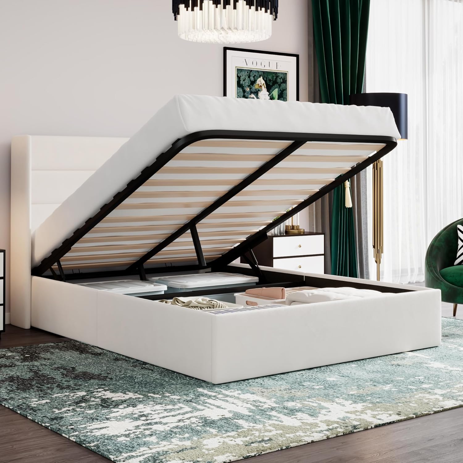 Queen Size Lift Up Storage Bed with Modern Velvet Upholstery