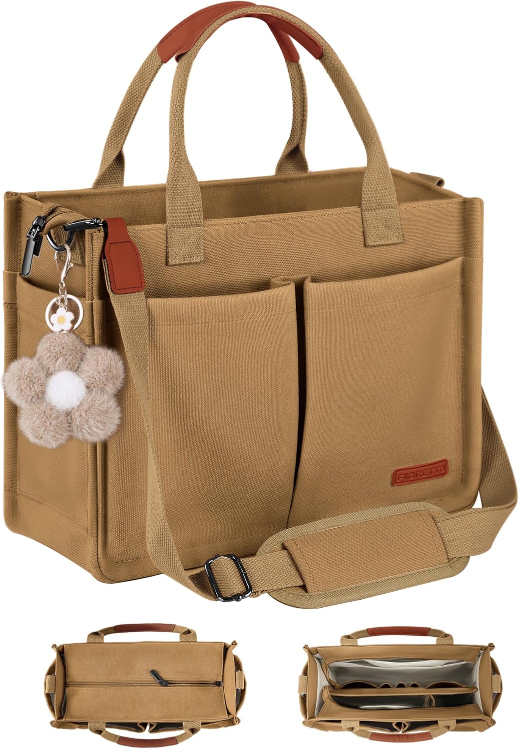 FIORETTO Womens Canvas Tote Bag with Zipper Top and Compartments