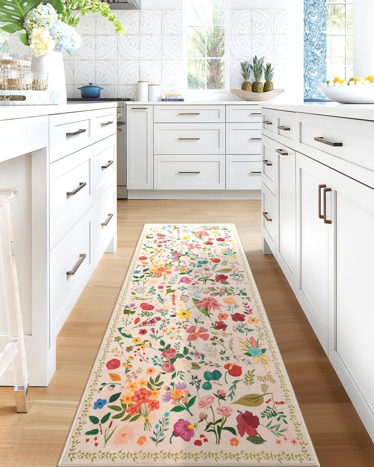 Boho Floral Runner Rug 2x6, Washable Non-Slip Vintage Carpet