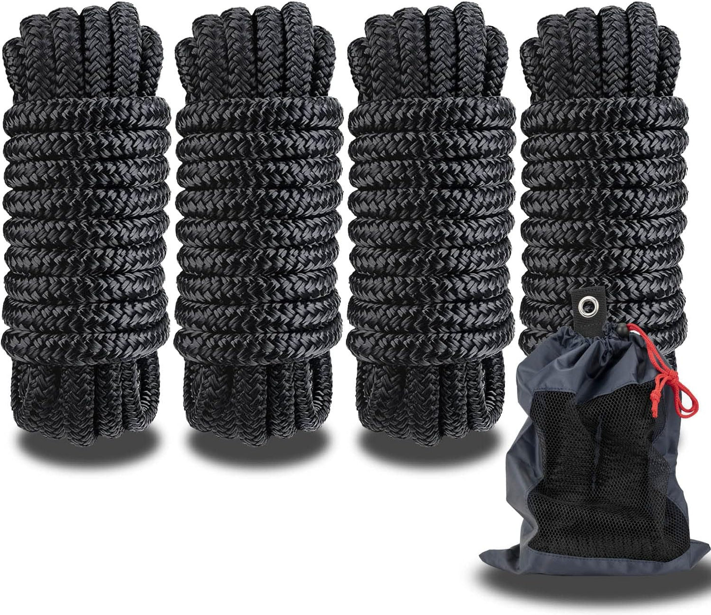 Double Braided Nylon Dock Lines Rope for Mooring Boats, 4 Pack
