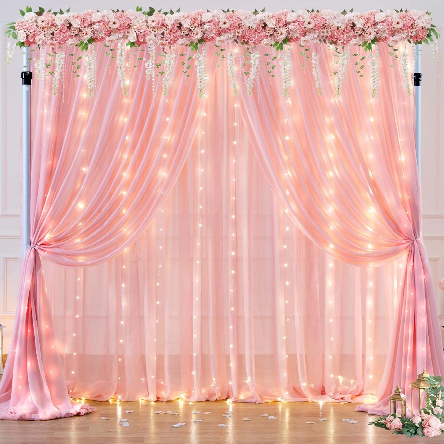 10ft x 10ft Baby Pink Backdrop Curtain with Lights for Parties