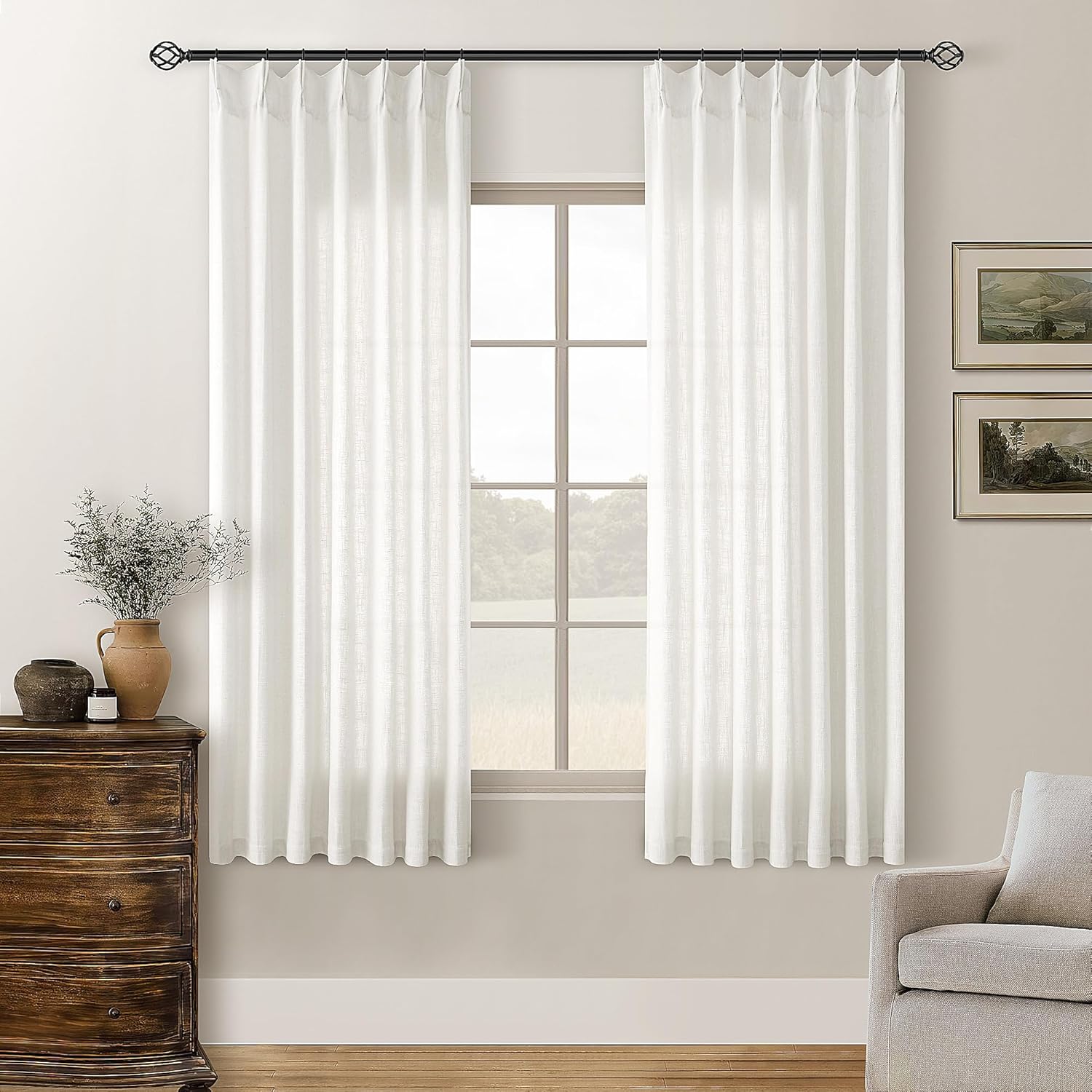 Beige White Pinch Pleated Linen Curtains for Elegant Spaces