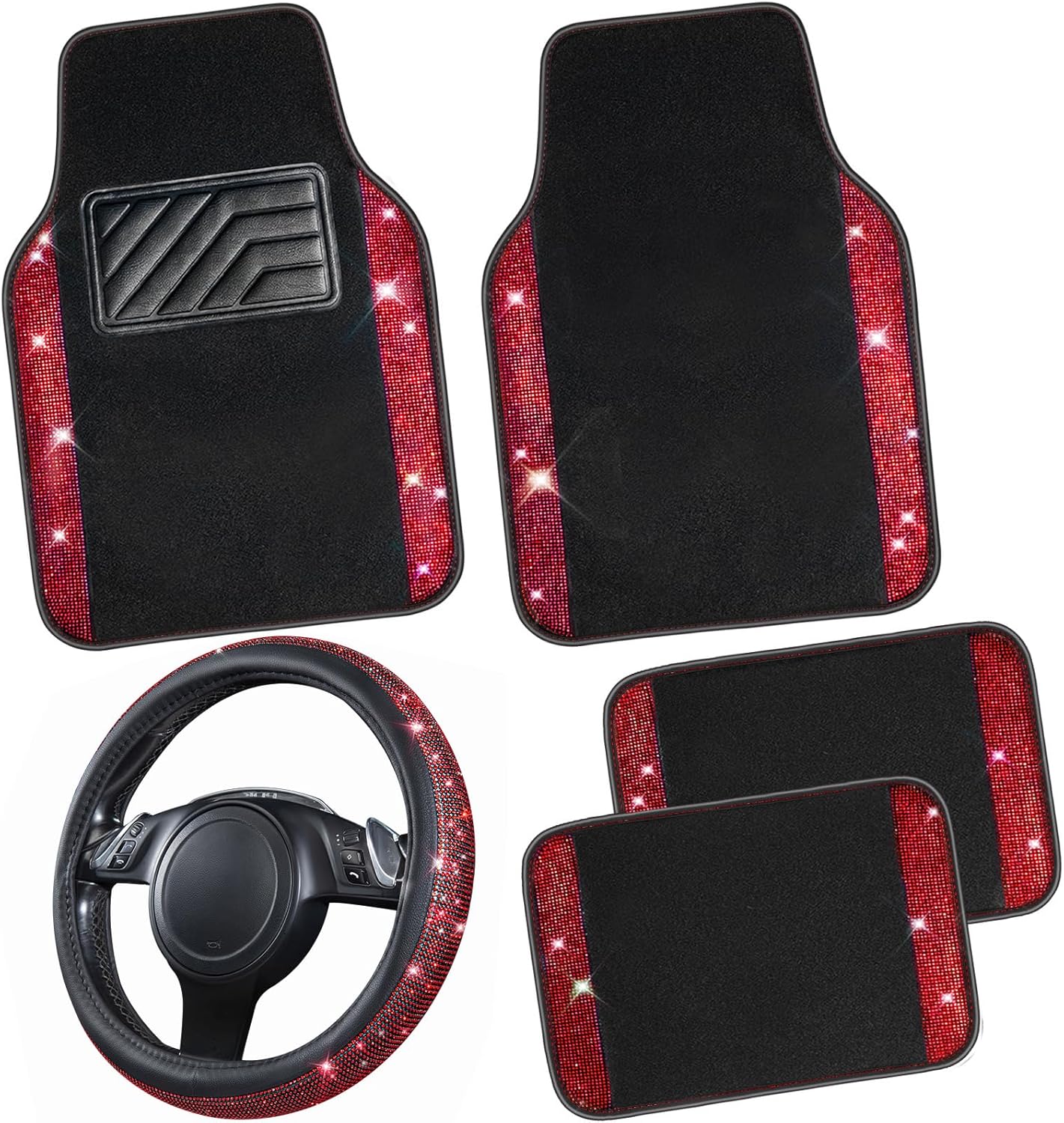 Bling Diamond Leather Steering Wheel Cover and Floor Mats Set
