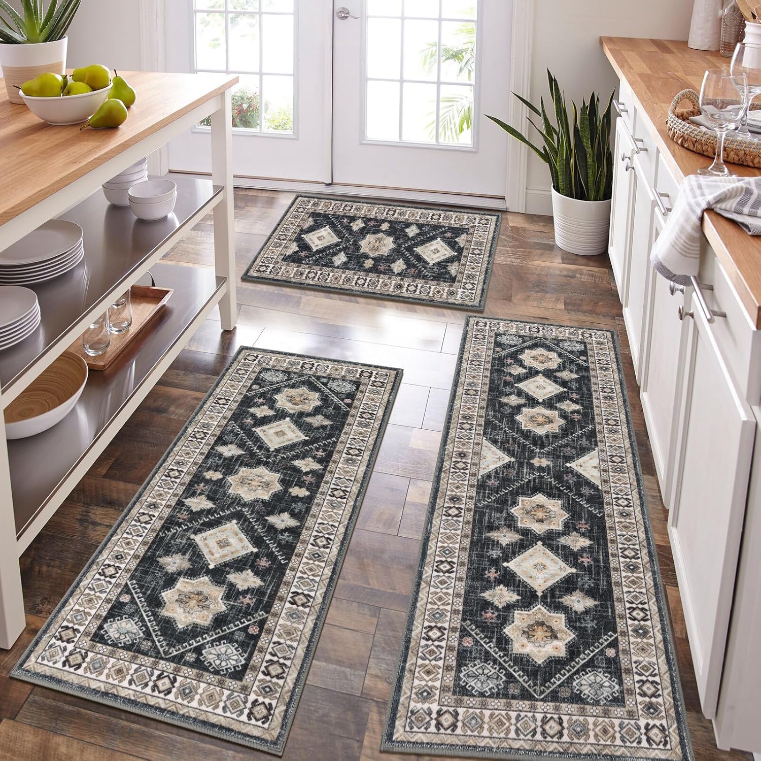 HEBE Boho Kitchen Rug Sets 3 Piece Non Slip Washable Mats
