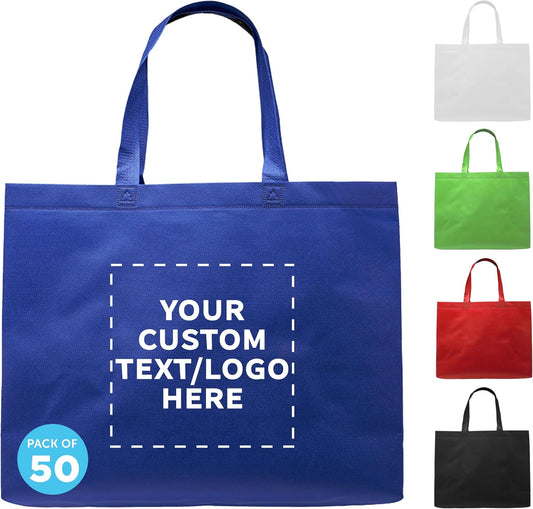 Custom Jumbo Sized Tote Bags Set of 50 - Reusable Grocery Bags