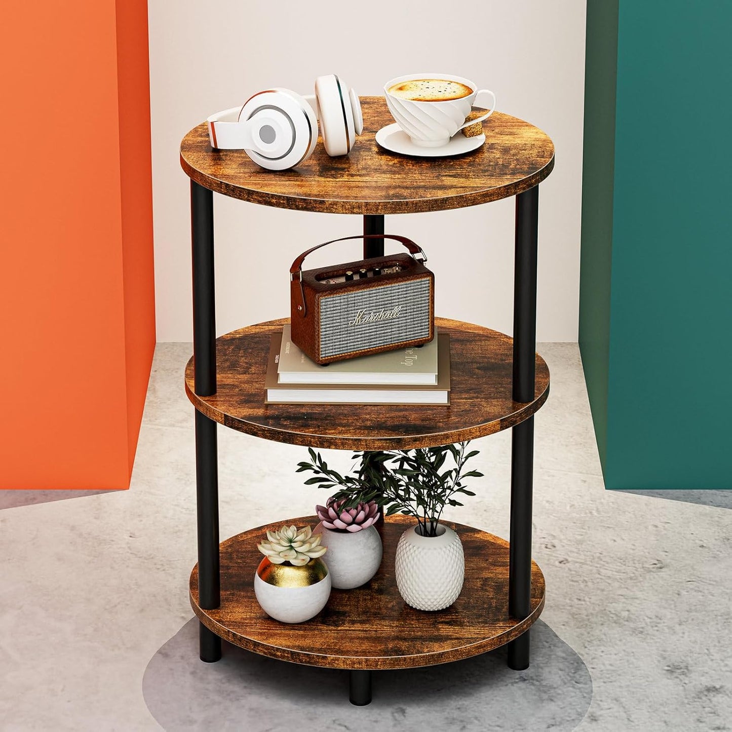 Small Round Side Table - 3-Tier Rustic Accent Table for Spaces